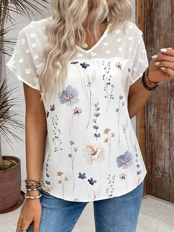 Relaxed Short Sleeve Floral Print Jacquard Panel Detail V-Neck T-Shirt