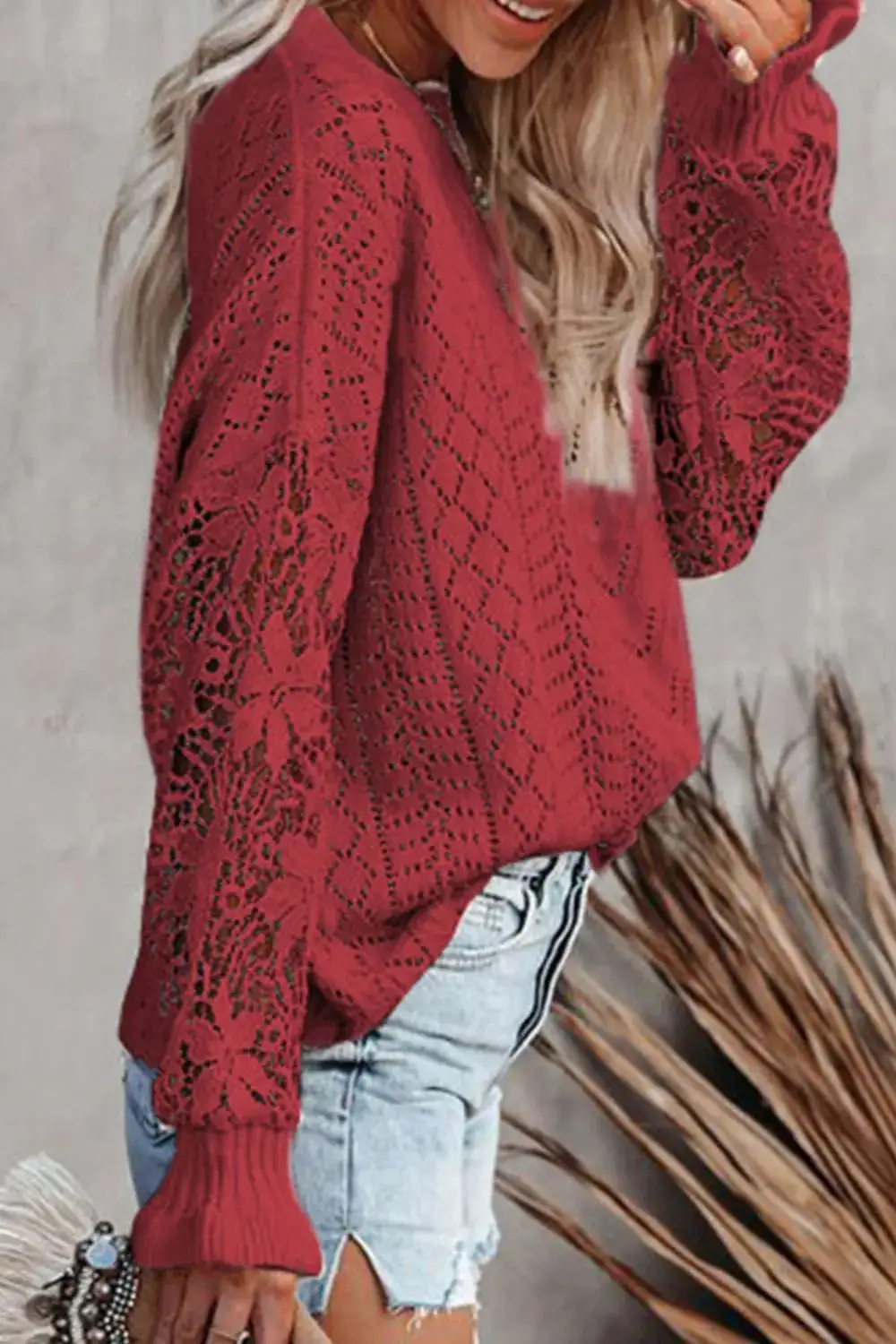 Long Sleeve Round Neck Openwork Sweater