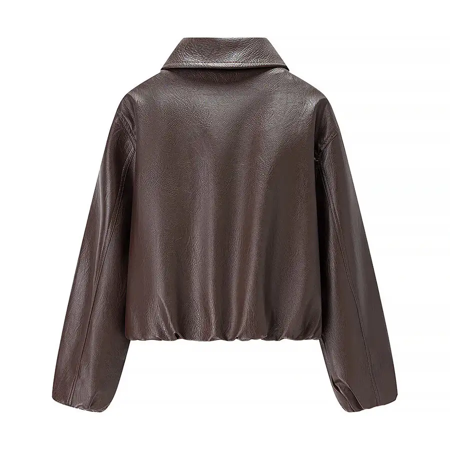 Cropped Faux Leather Shirt Collar Elastic Hem Bomber Jacket