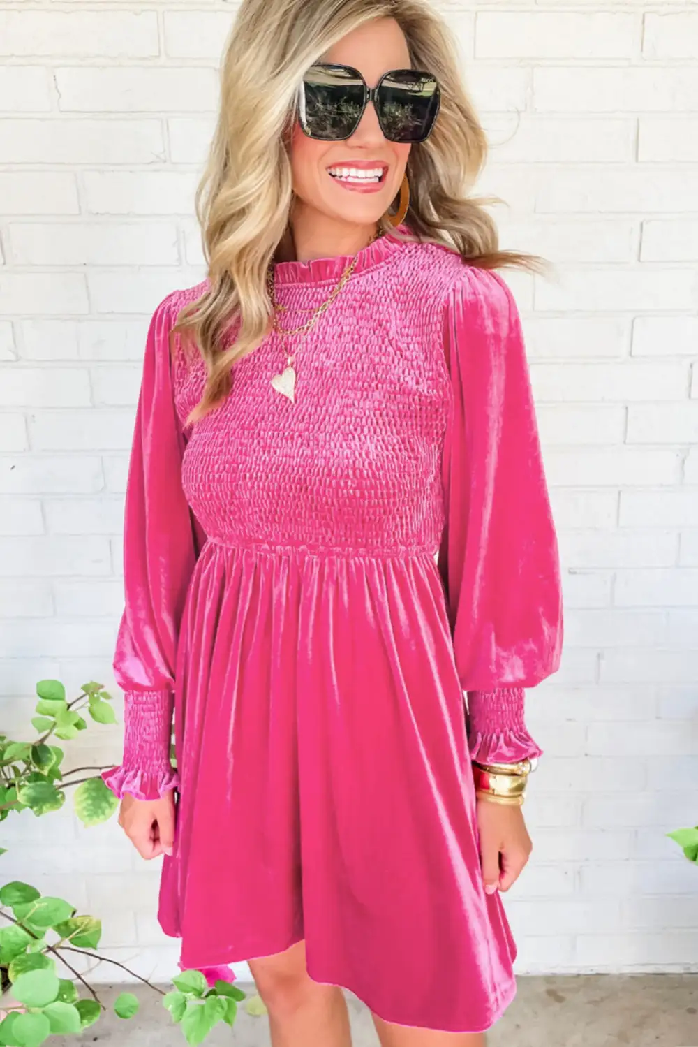 Rose Frilled Neck Smocked Bodice Velvet Dress
