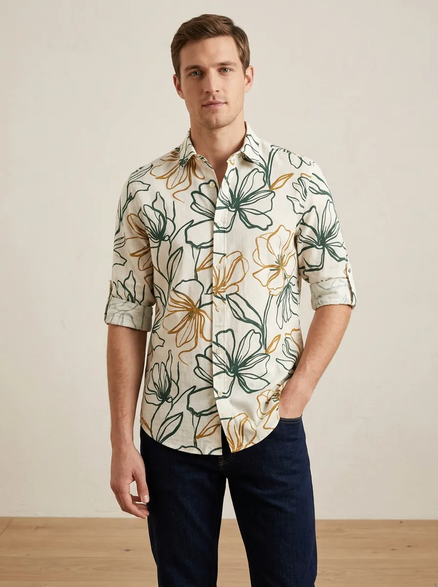 Men's Casual Line Art Botanical Printed Shirt