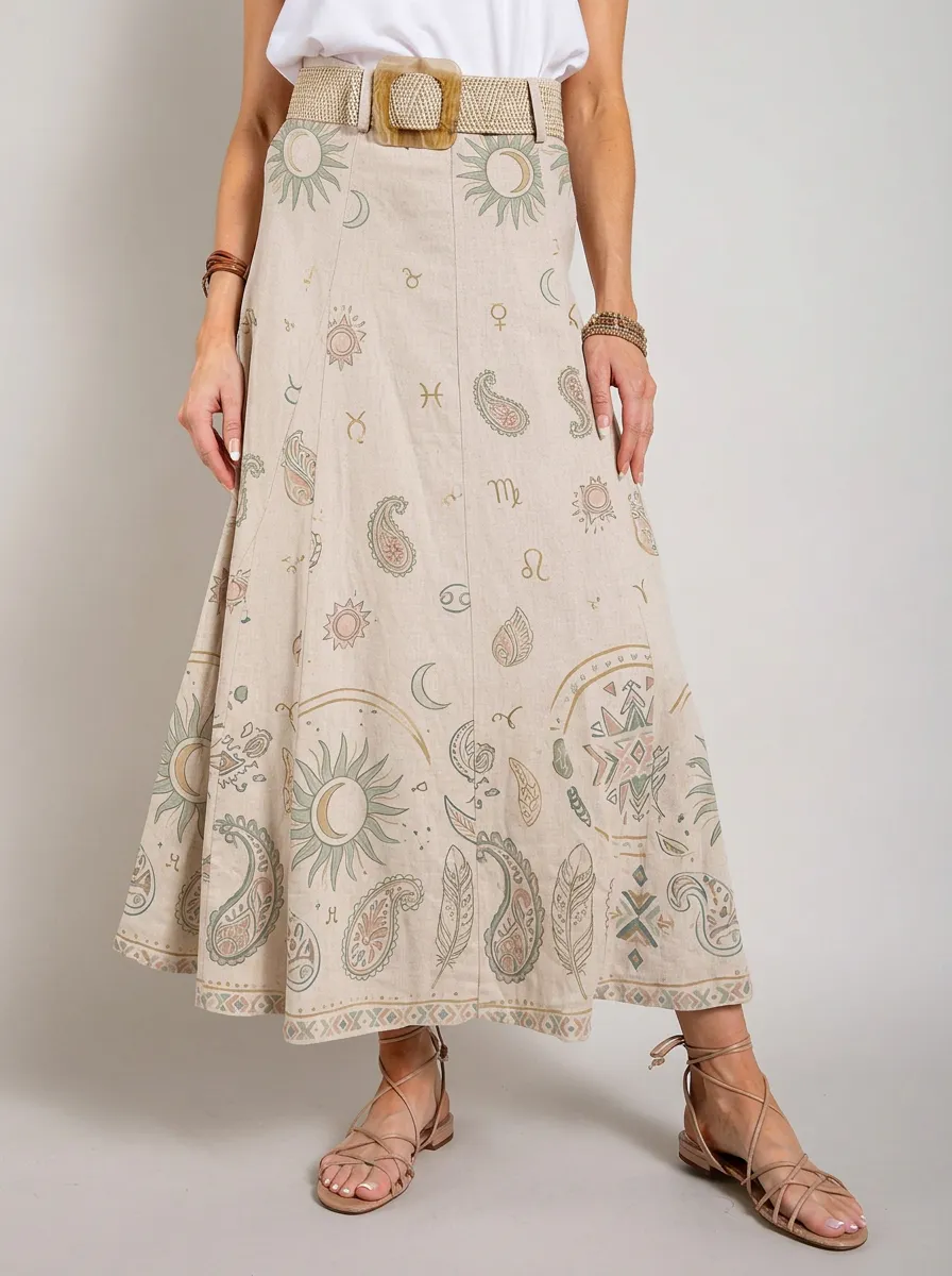 Women's Boho Astrology Celestial Paisley Printed Maxi Skirt