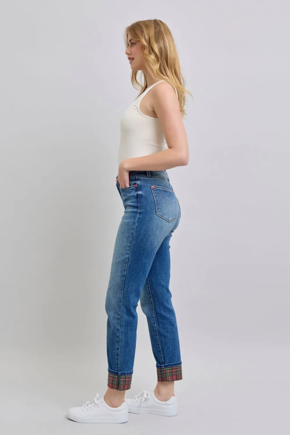 Plaid Print Cuff Straight Leg Pocket Denim Jeans