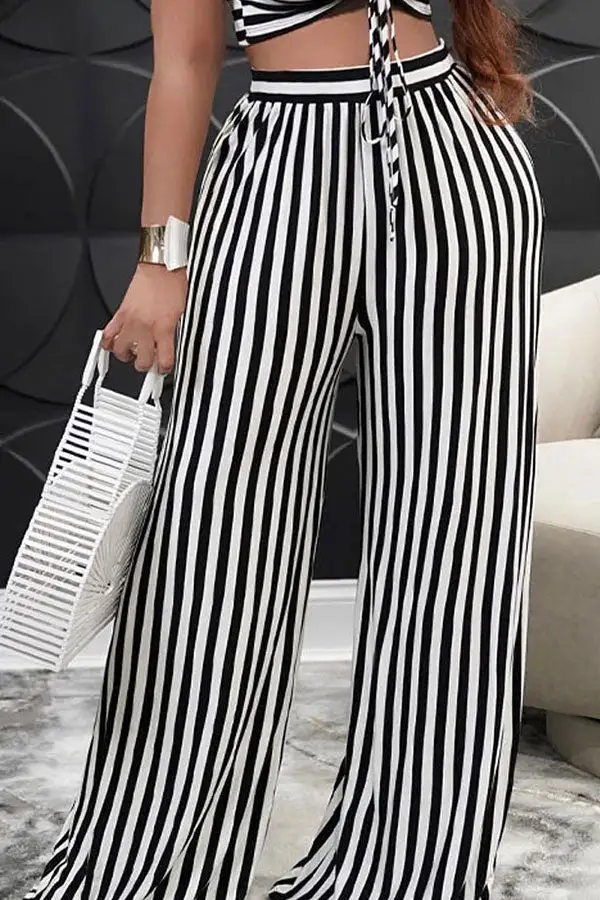Striped Drawstring V-Neck Pant Set