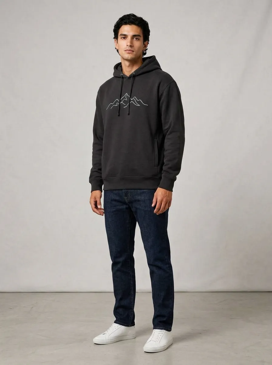 Men's Mountain Line Art Graphic Pullover Ribbed-Cuff Side-Pocket Hoodie
