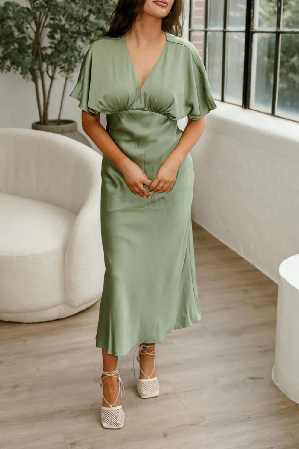 V-Neck Short Sleeve Satin Dress