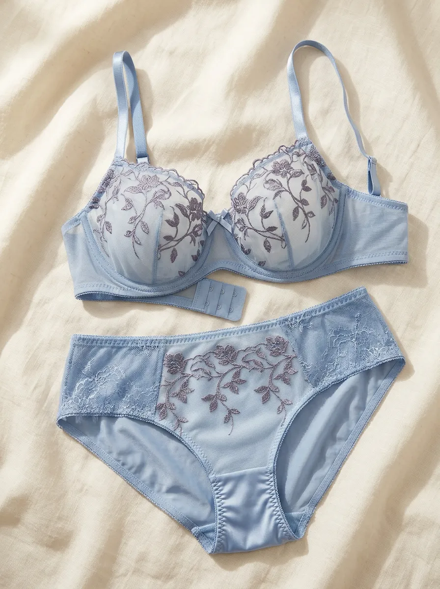 Women's Floral Embroidery Mesh Dusty Lace Lingerie Set