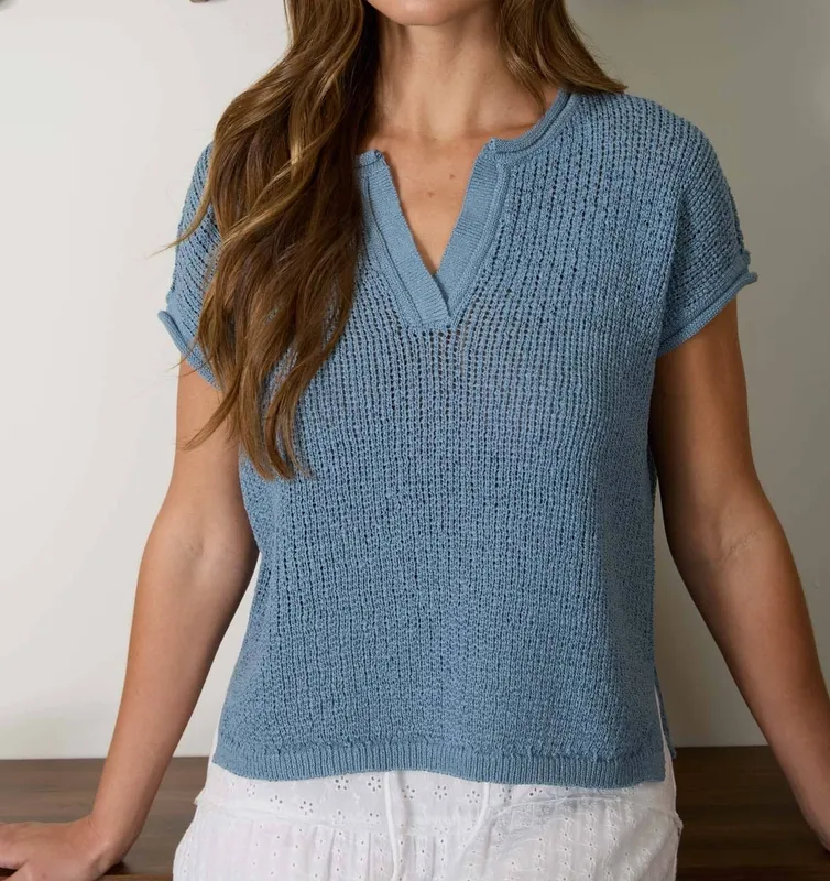 Split Neck Raw Edge Sheer Knit Top