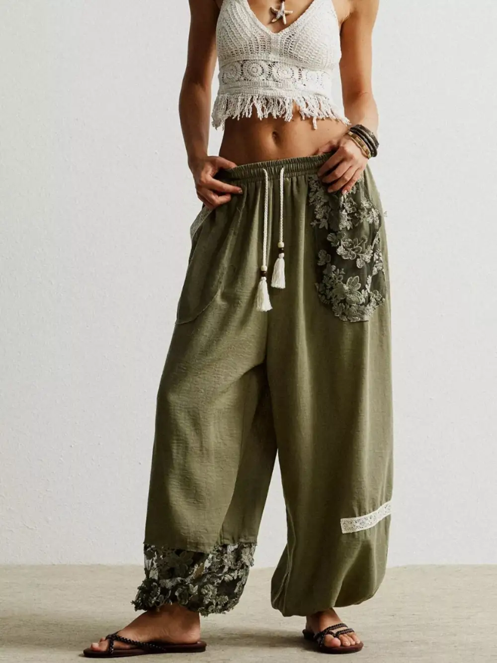 Harem Drawstring Lace Trim Pocketed Pants