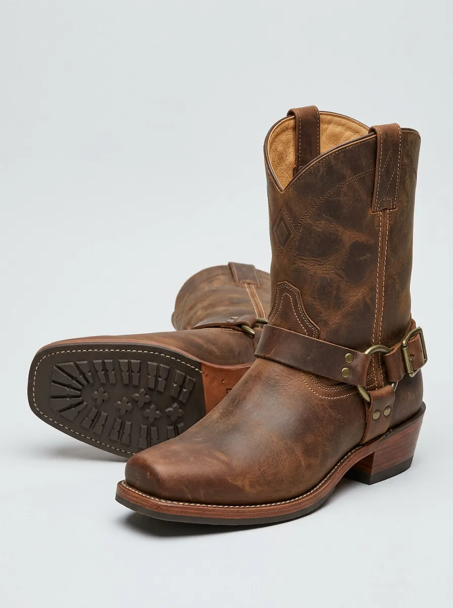 Men's Ranch Western Brown Leather Harness Printed Boots