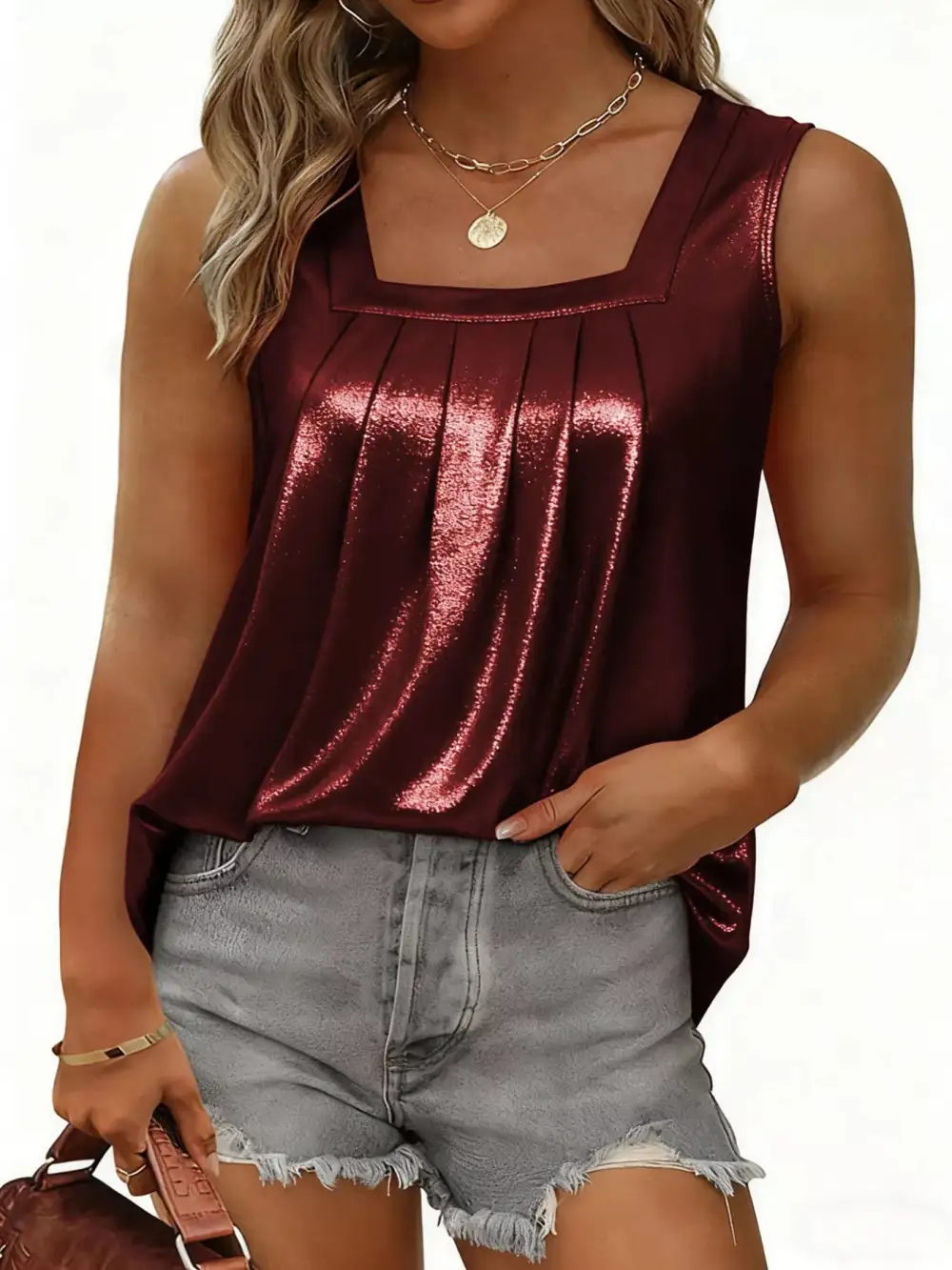 Square-Neck Ruched Pleated Tank Top