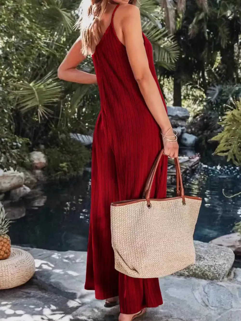 Ribbed V Neck Wide Leg Jumpsuit