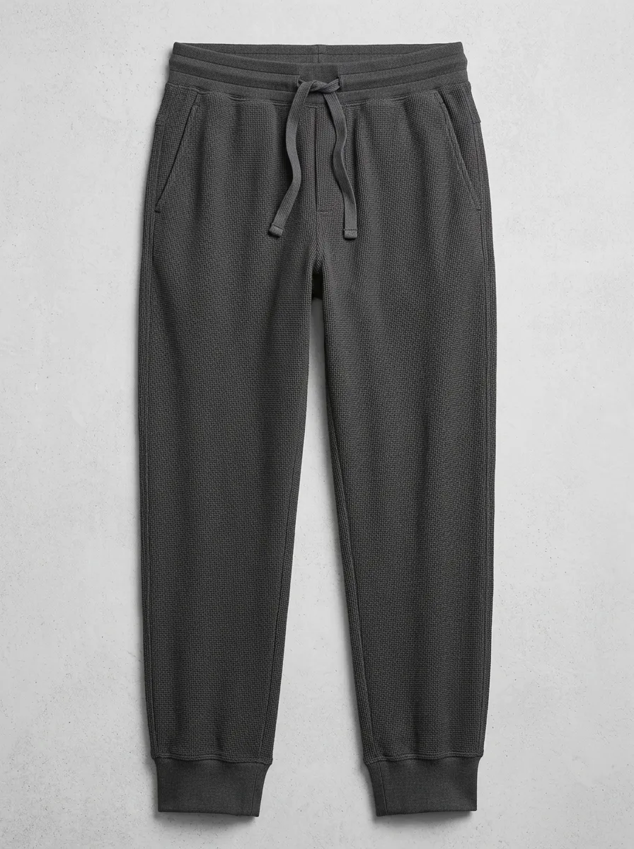 Unisex Casual Solid Charcoal Waffle Knit Drawstring Joggers