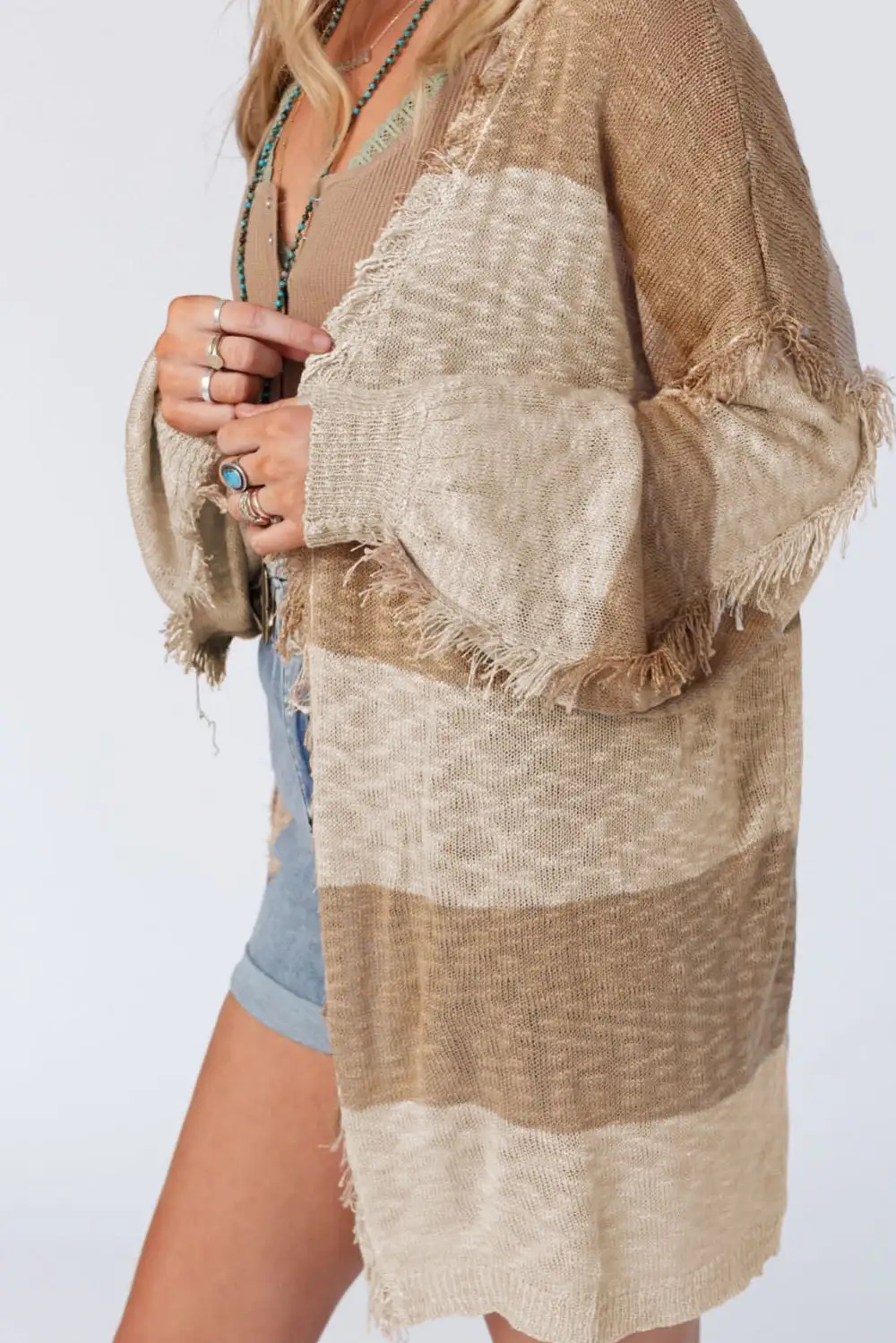 Lantern Sleeve Fringed Open Cardigan