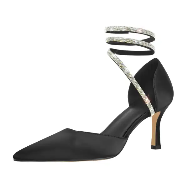 Rhinestone Pointed Toe Chunky Heel Lace Up Pumps
