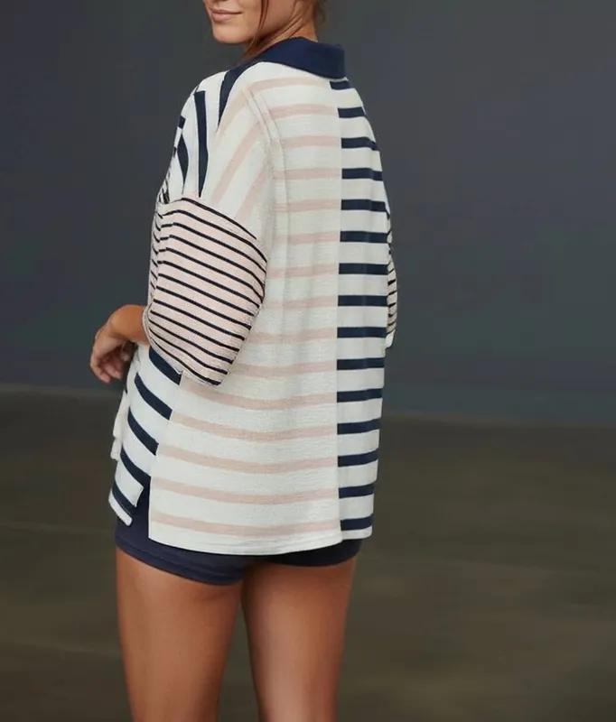 Stripe-Block Collar Short Sleeve Top