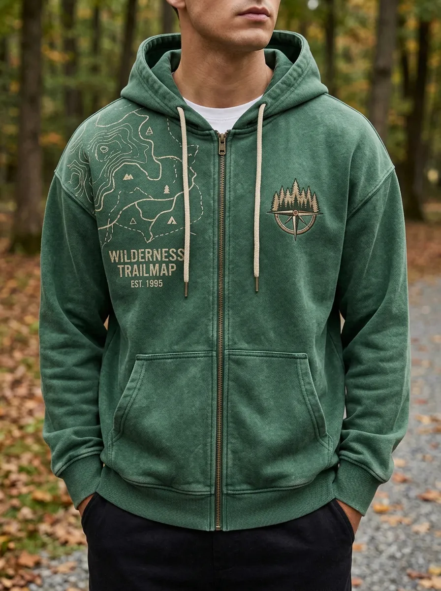 Men's Wilderness Trail Map Forest Compass Printed Zip-up Hoodie