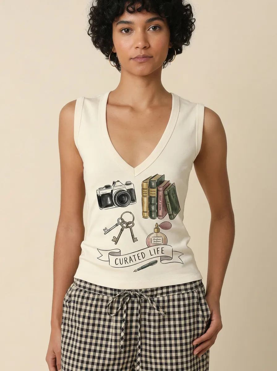 Women's Hobby Curated Life Camera Books Printed Tank Top