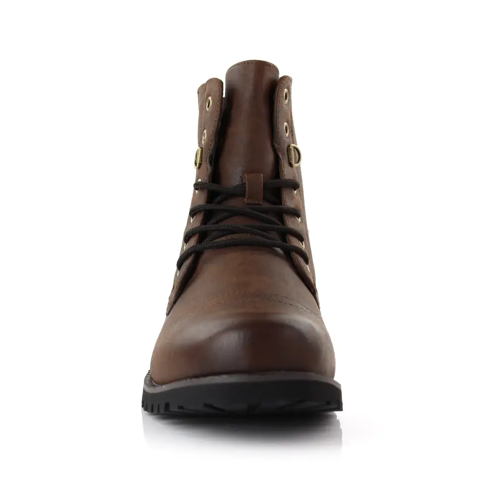 Faux-Leather Lace-Up Buckle-Detail Combat Boots