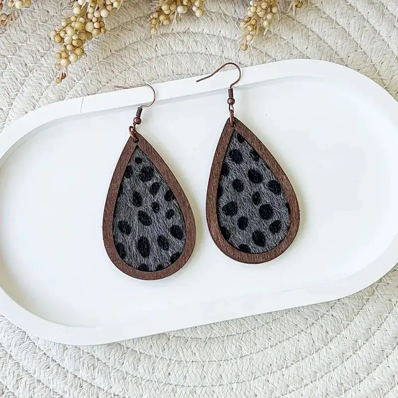Leather Wooden Animal Print Statement Earrings