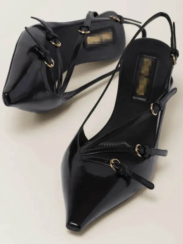 Buckle Cutout Pointed-Toe Panel Detail Slingback Heeled Sandals