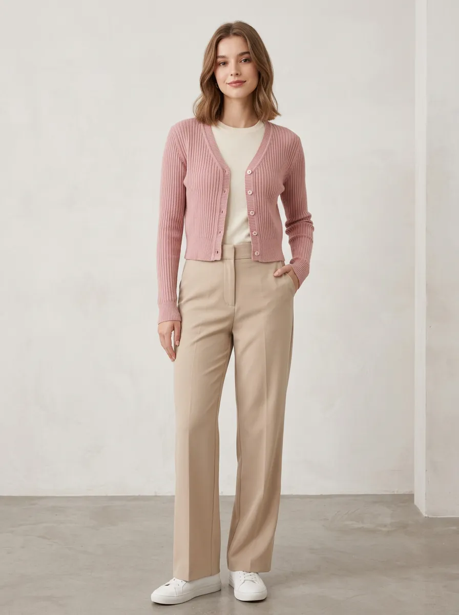 Women's Casual Minimalist Pink Ribbed Knit Cardigan
