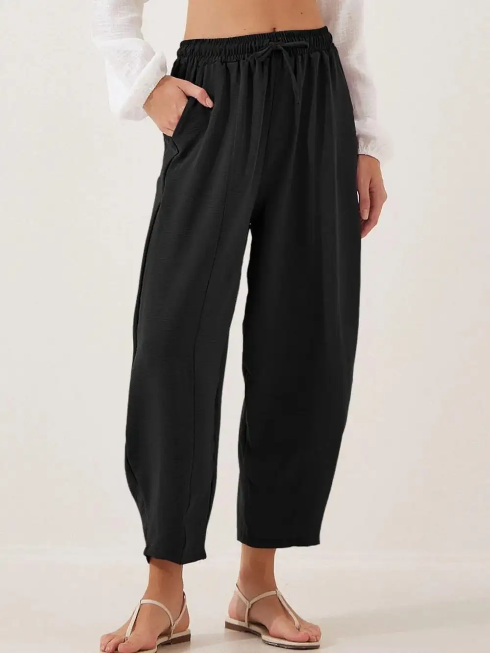 Plus Size Drawstring Wide-Leg Cropped Pants
