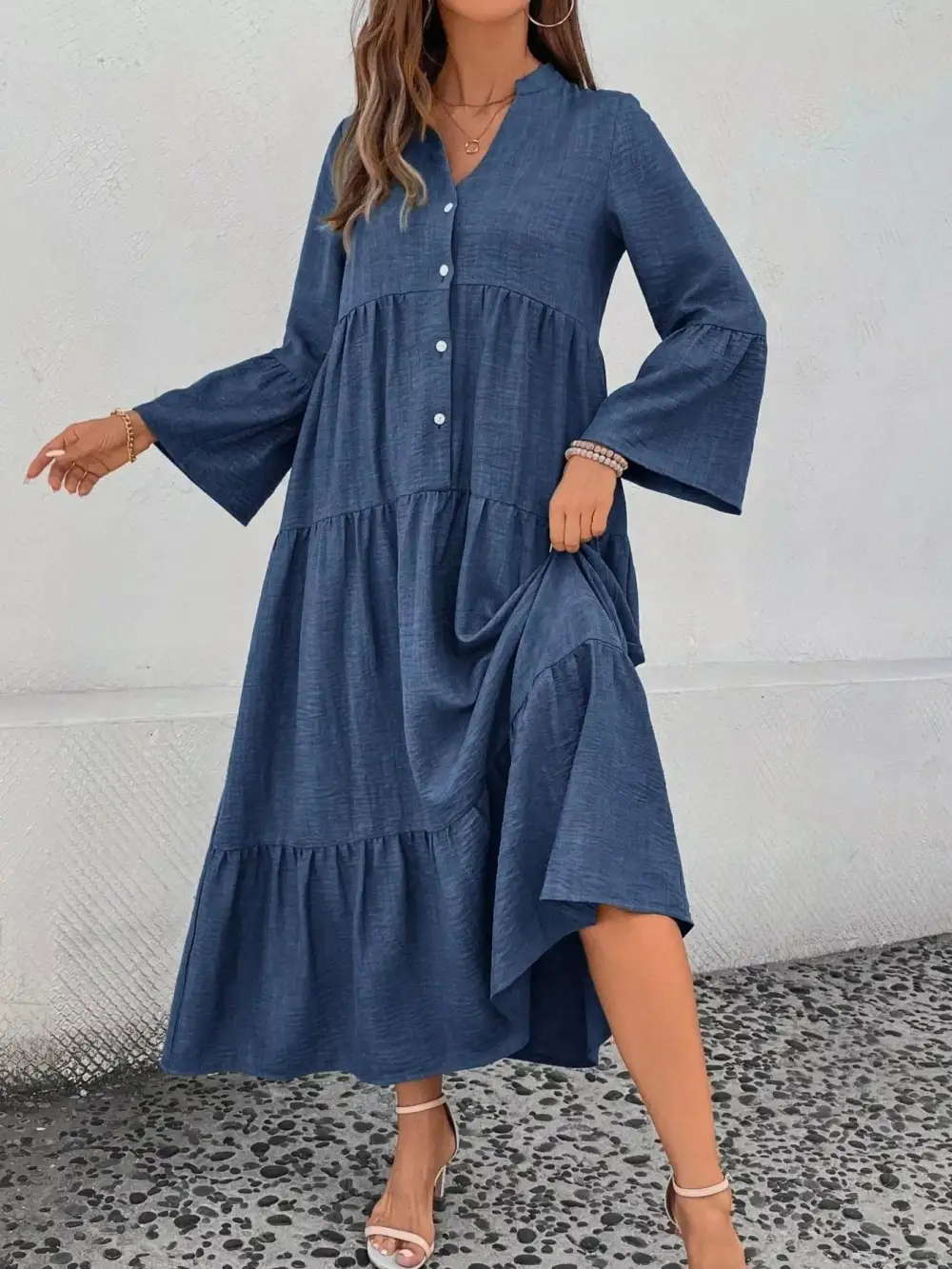 Button Front Ruffle Tiered Dress Casual
