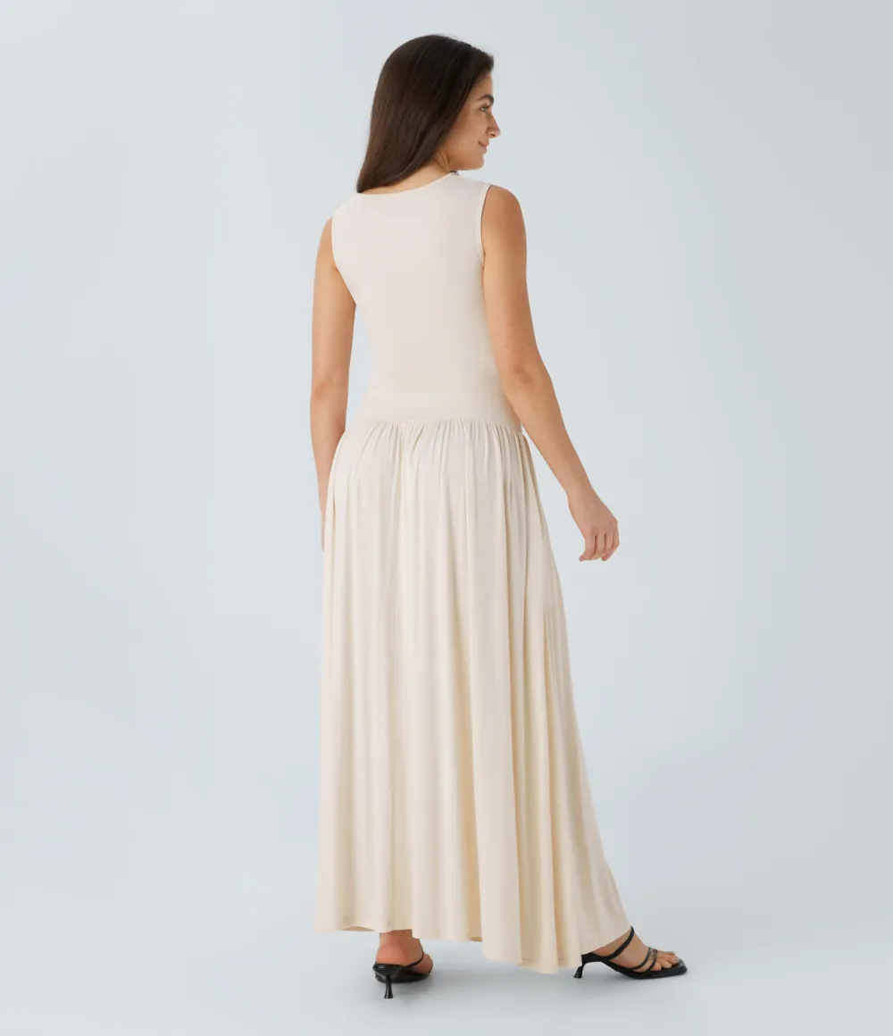 Ribbed Boat Neck Ruched Side Pocket Flowy Maxi Casual Dress