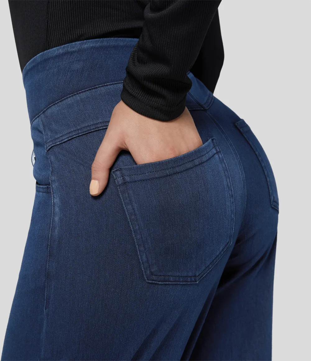 Magic High Waisted Multiple Pockets Wide Leg Loose Stretchy Knit Work Jeans