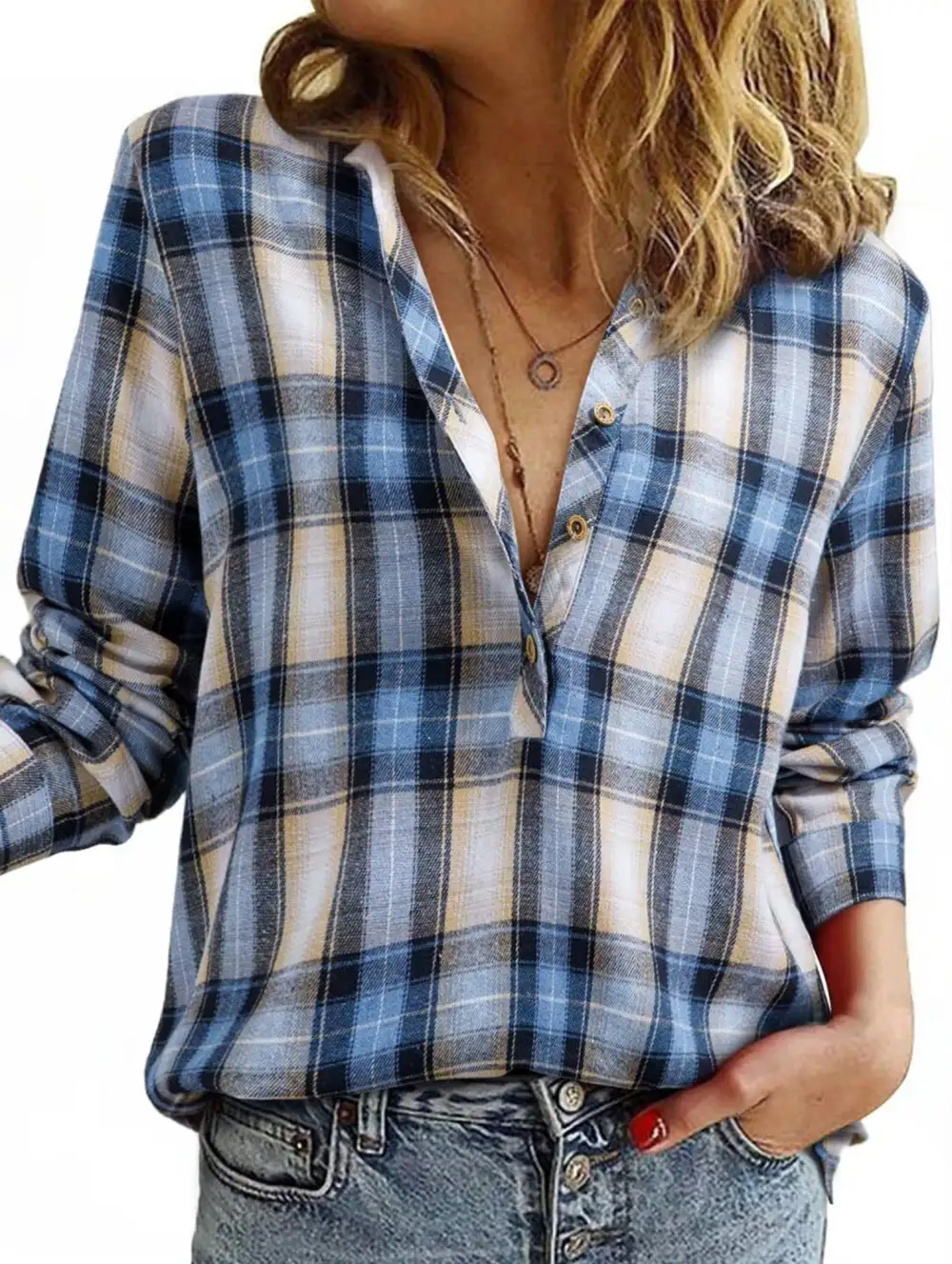 V Neck Plaid Button Shirt