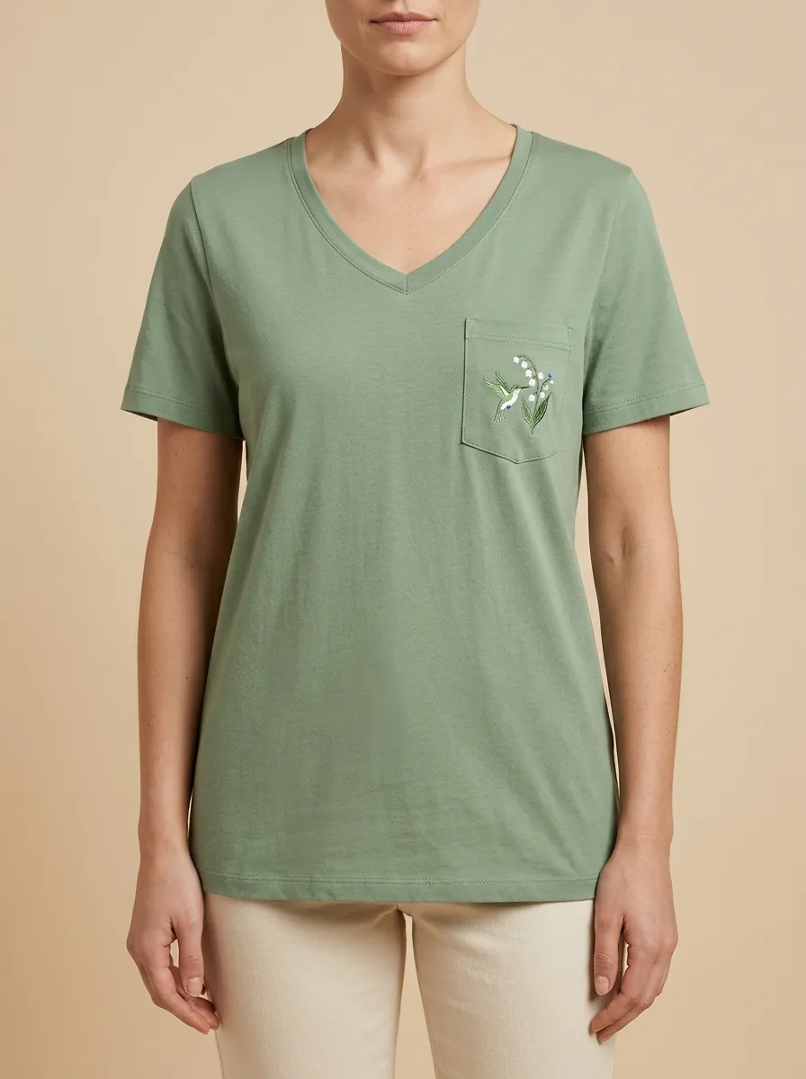 Women's Hummingbird & Lily-of-the-Valley Embroidered Pocket V-Neck T-Shirt