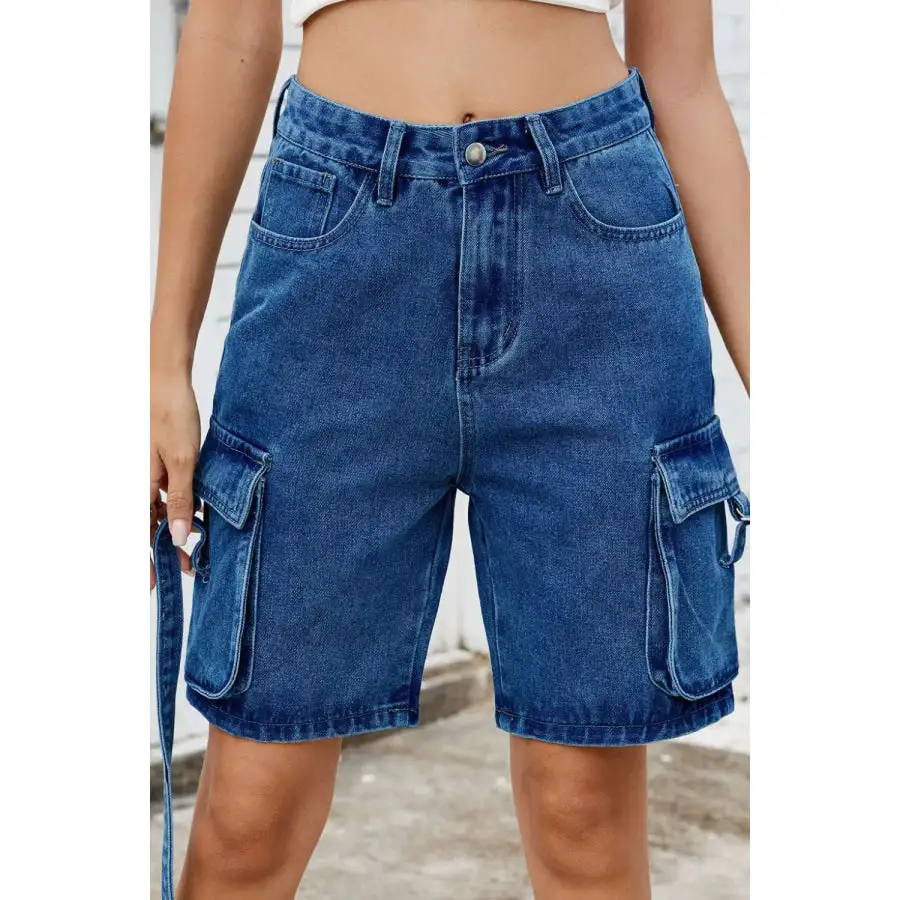 Pocketed Cargo Washed Denim Shorts