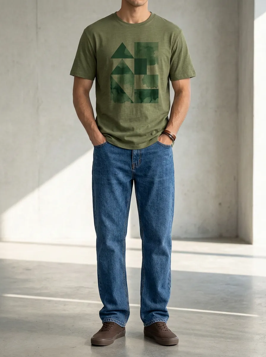 Men's Geometric Watercolor Printed T-Shirt and Denim Jeans Set