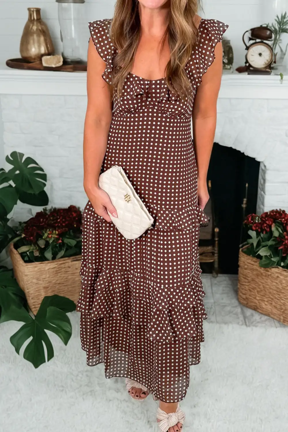 Classic Polka Dot Print Backless Ruffled Tiered Maxi Dress