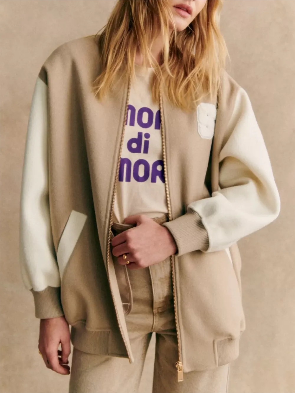 Beige Color Blocked Varsity Jacket