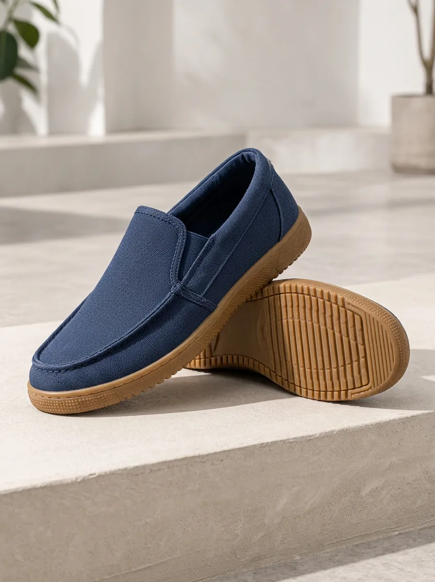 Men's Navy Canvas Moc-Toe Gum-Sole Elastic-Gore Low-Profile Slip-On Boat Shoes