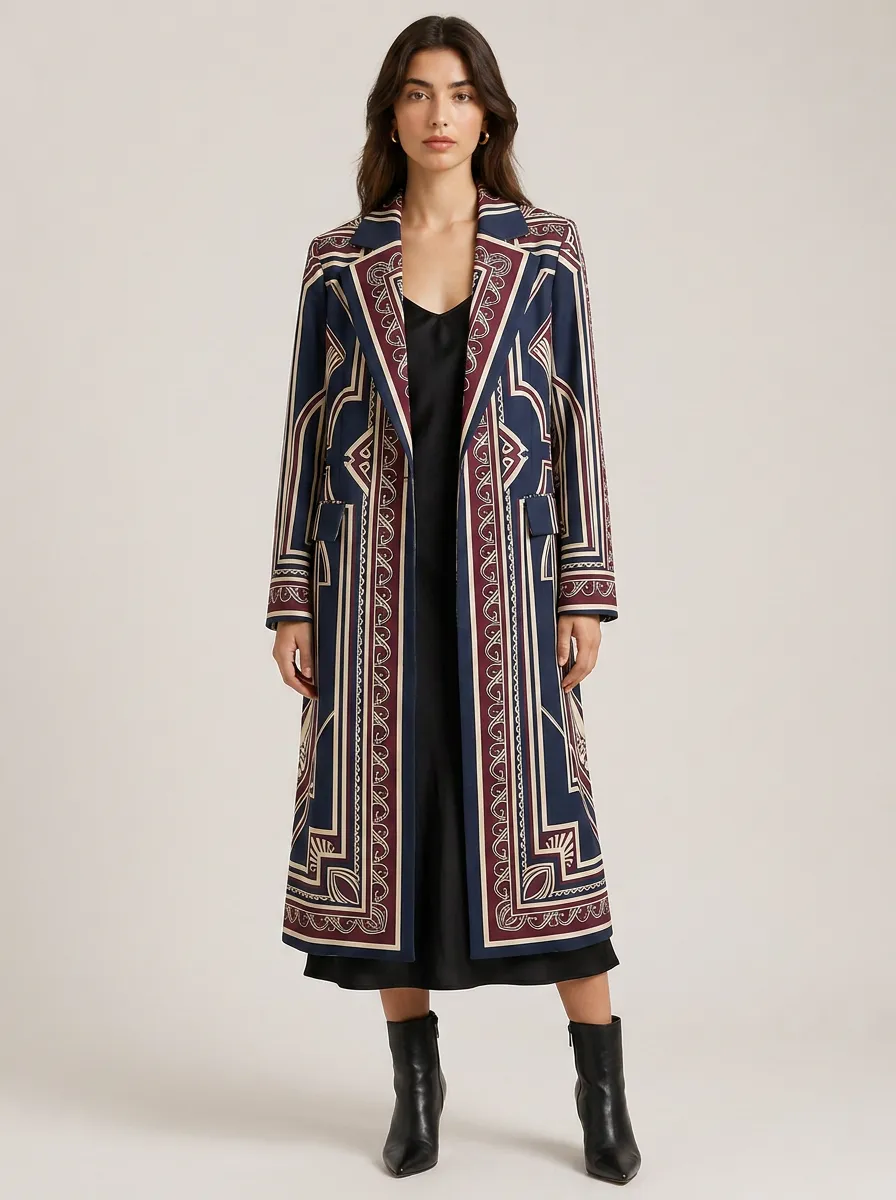 Women's Geometric Art Deco Pattern Long Coat