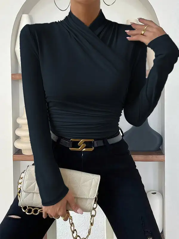 Long Sleeve Slim Fit Pleat Detail Mock Neck T-Shirt