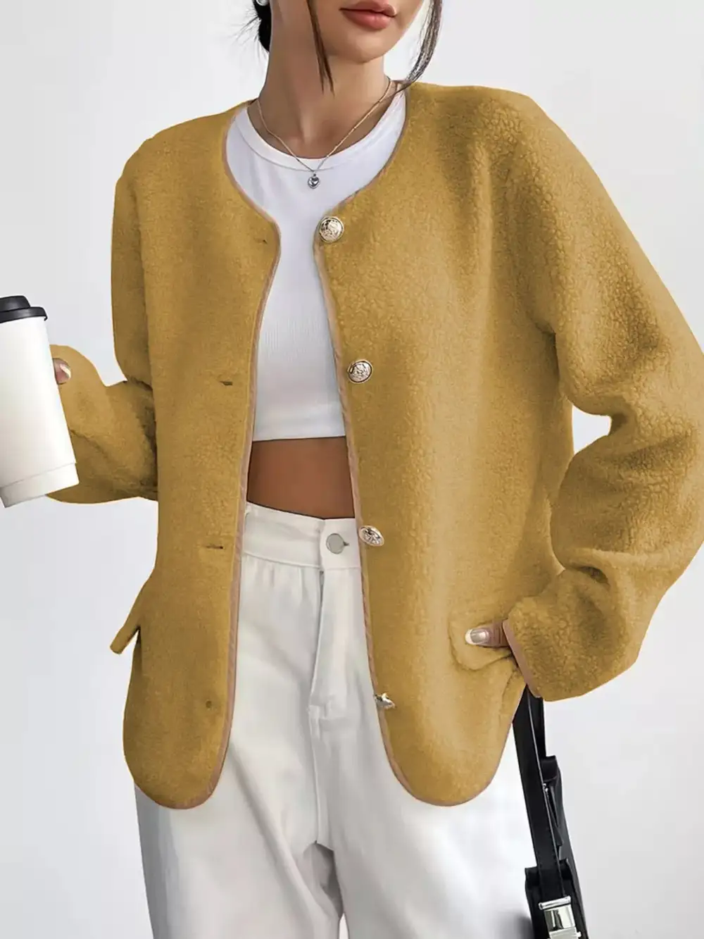 Full Size Textured Button-up Fleece Outerwear Plus Size