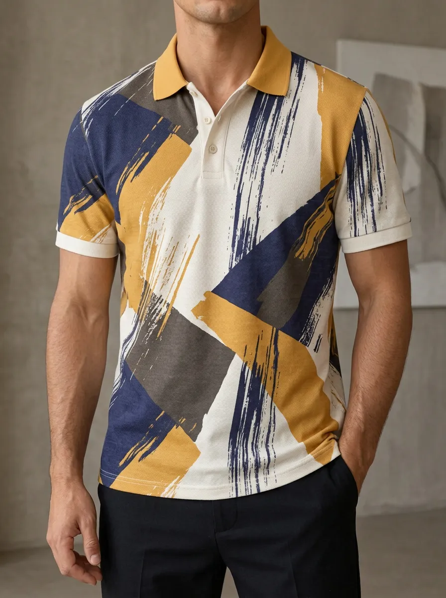 Men's Abstract Art Geometric Brushstroke Printed Polo Shirt Weekend Casual Style