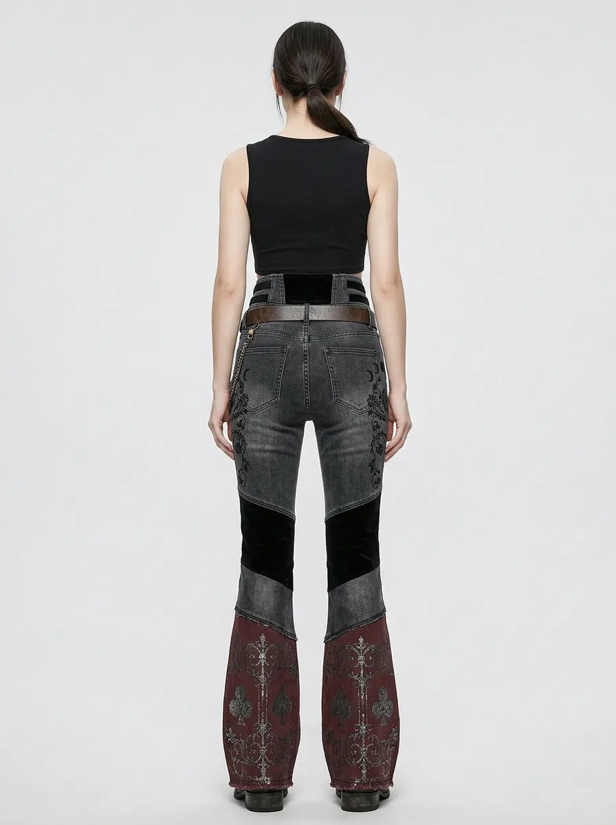 Dark Rose Moon Spade Silhouette Women's Gothic Flare Pants