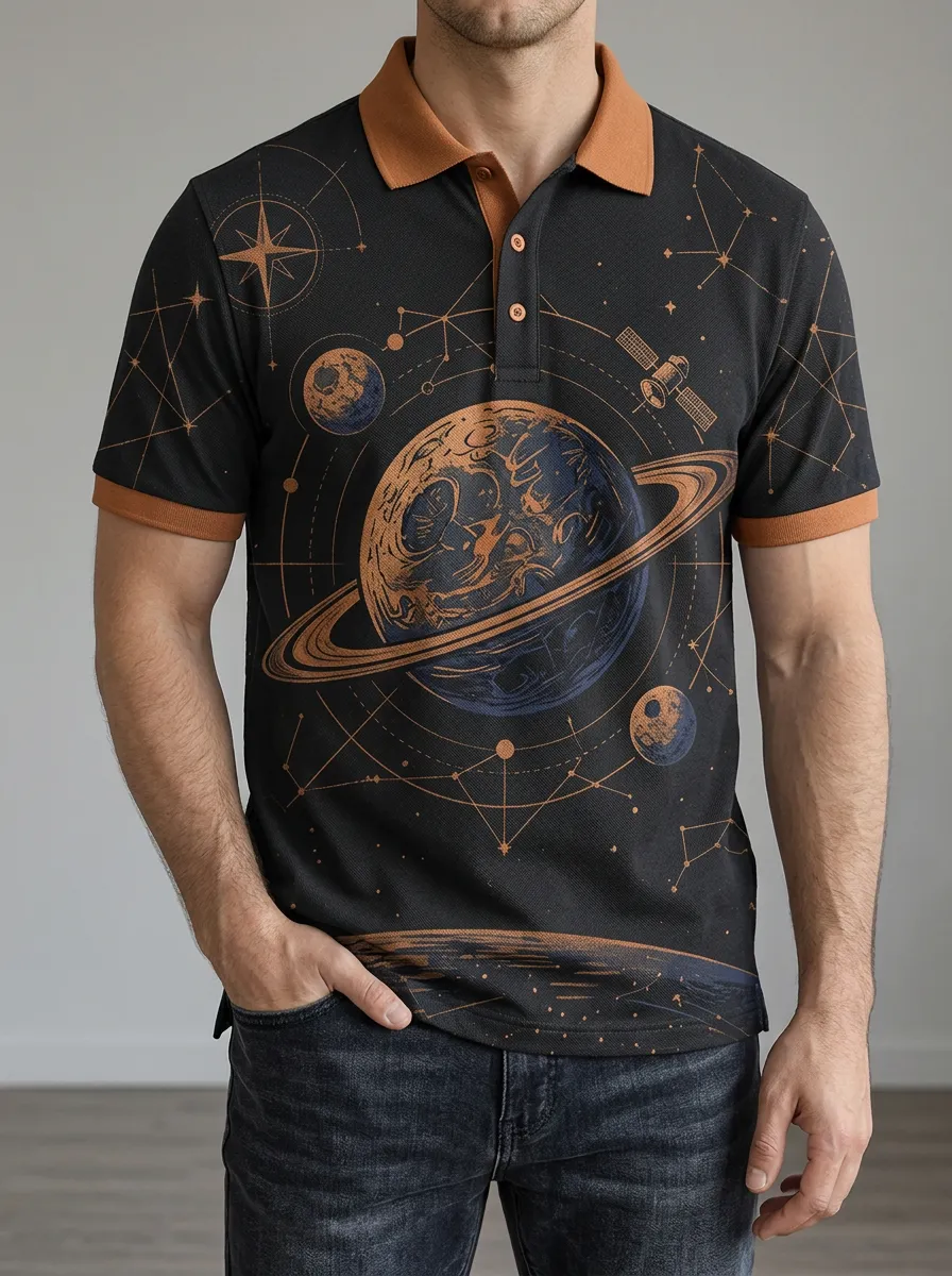 Men's Space Astronomy Planet Satellite Printed Polo Shirt