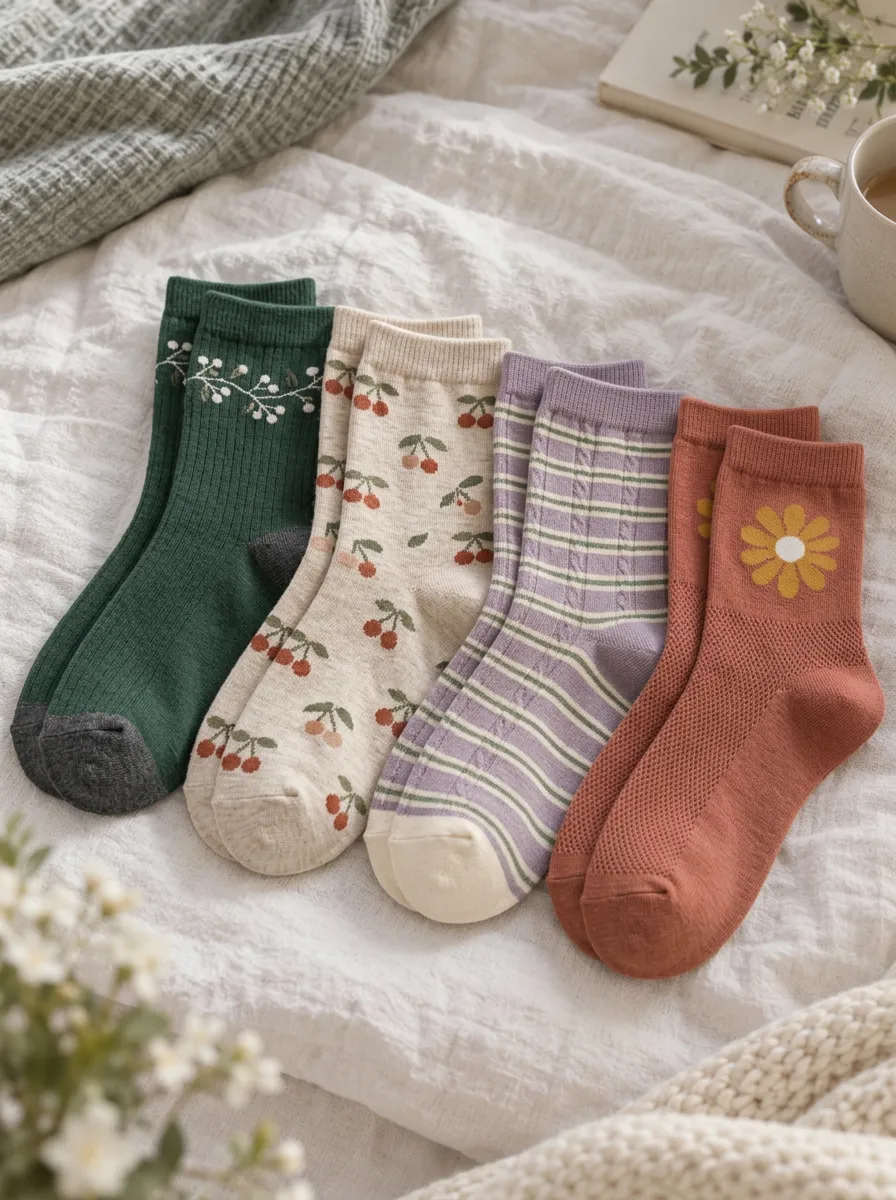 Women's Aesthetic Floral Cherry Striped Printed Socks Set
