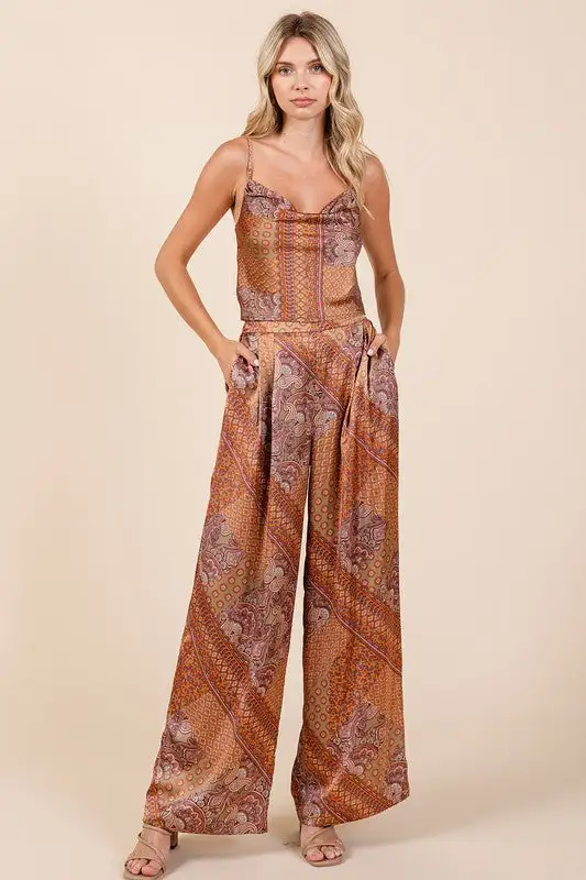 Patchwork Print Satin Wide Leg Pants