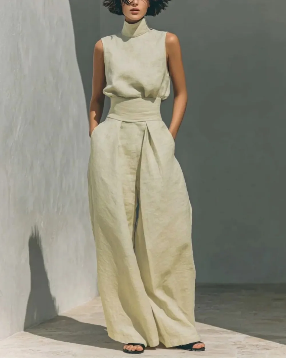 Sleeveless Top Wide Leg Pants Minimalist Two-Piece Outfit