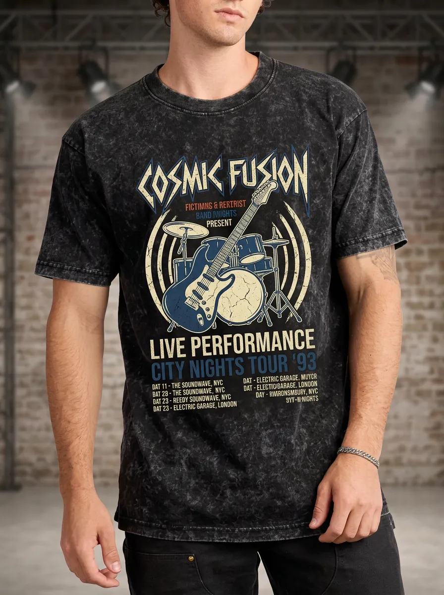 Men's Rock Band Cosmic Fusion Guitar Drum Printed T-shirt
