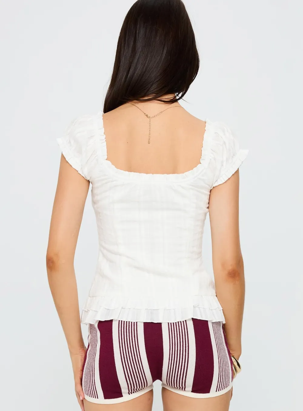 White Ruched Frill Detail Blouse