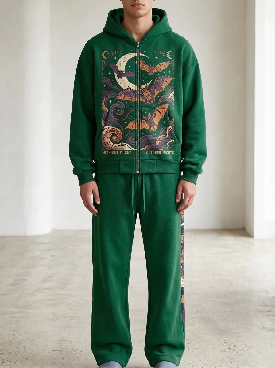 Men's Halloween Moon Bat Printed Hoodie and Pants Set