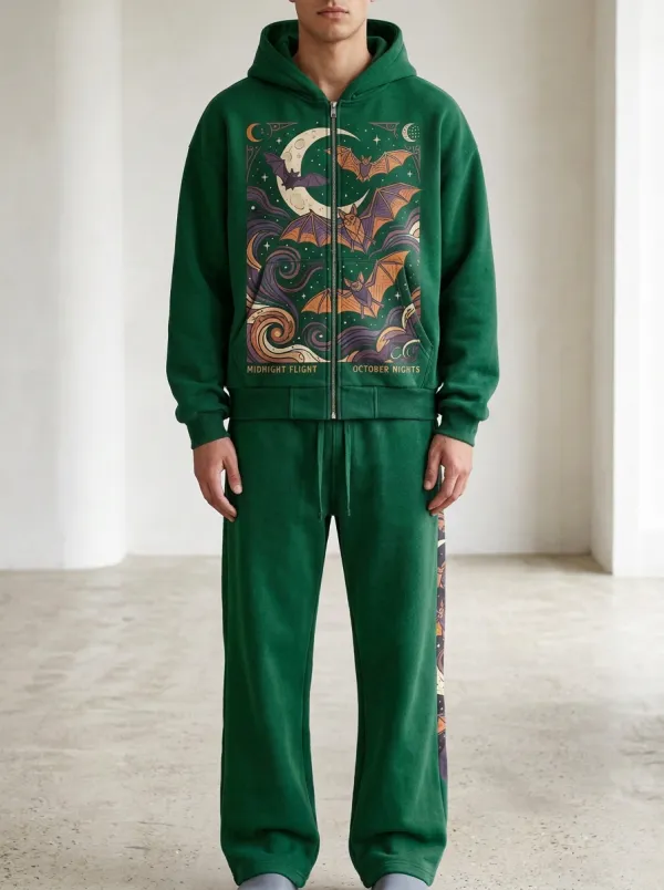 Men's Halloween Moon Bat Printed Hoodie and Pants Set